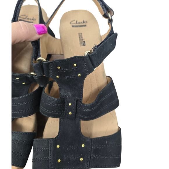 Clarks Black Suede 3.5" Heels Strappy Wedge Sandals Women's 11 - Picture 9 of 10